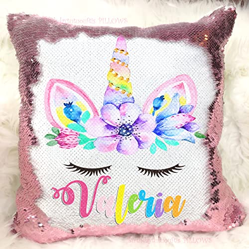 Pretty Rainbow Unicorn Gifts Custom Sequin Pillow Personalized - Magic Reversible Pillow with Name - Gift for Kids Children Girls