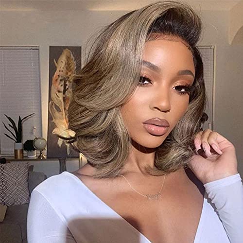 Bob Wig Human Hair Colored Ash Blonde Ombre Lace Front Wig Human Hair 4x4 Lace Closure Wigs Human Hair 1b/grey Human Hair Wig 150% Density Transparent Lace Wig For Women (14inches)