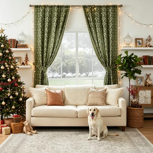 Image of Olive Green Floral Curtains 72 Inch Long for Living Room, Bedroom, 2 Panels Boho Farmhouse Vintage Tassel Semi Sheer Light Filtering Privacy Window Curtains Drapes with Rod Pocket