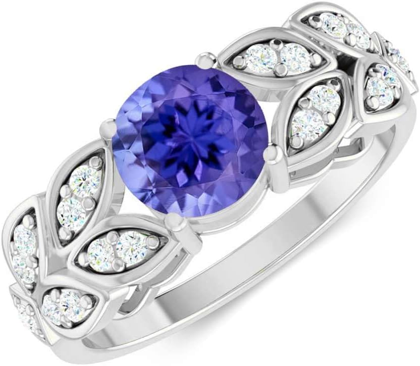 Natural Tanzanite and Diamond Ring – Solid 14K Gold or 925 Sterling Silver – December Birthstone Engagement Ring – Leaf Design Fine Jewelry for Women