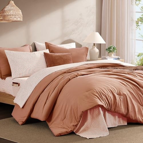 Image of Monbix Full Size Comforter Sets-7 Pieces Soft Bed in a Bag Full Bedding Set | All SeasonAutumn Leaf Prewashed Comforter Bed Set with Striped Sheets, Pillowcases & Shams