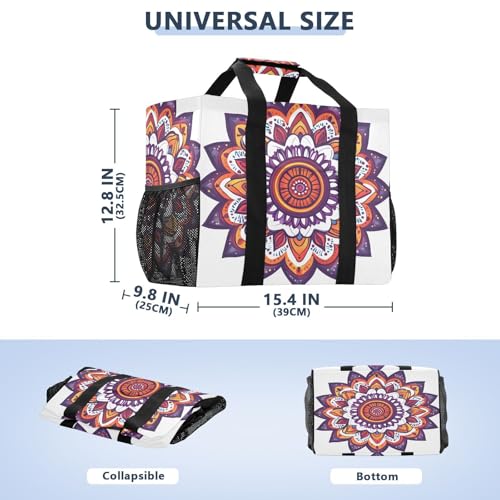 Large Waterproof Travel Tote Bag for Women Men, Floral Indian Mandala Canvas Beach Bag with Lining & Pockets - Reusable Grocery/Laundry/Kitchen/Pool/Picnic Tote (15.4x9.8x12.8in)3
