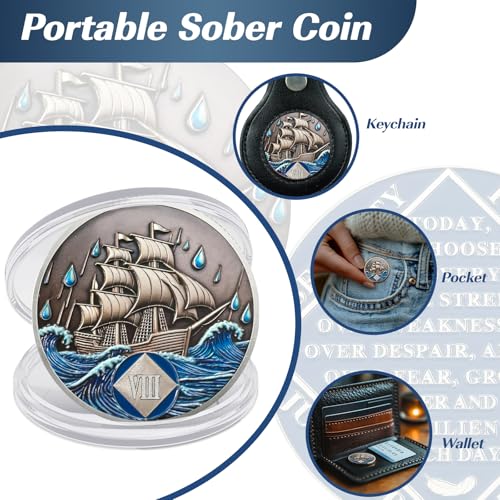Image of Braving The Storm 8 Year Sober Coin, Nautical NA Coin, Addiction Recovery Eight Year Sober Chip, Celebrating Recovery Anniversary Token, Narcotics Anonymous Sobriety Gifts for Men Women