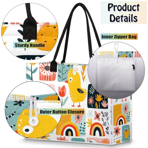 Cartoon Chicken Flowers Tote Bag for Women Large Beach Bag Reusable Tote Bags for Work Travel Beach Shopping4