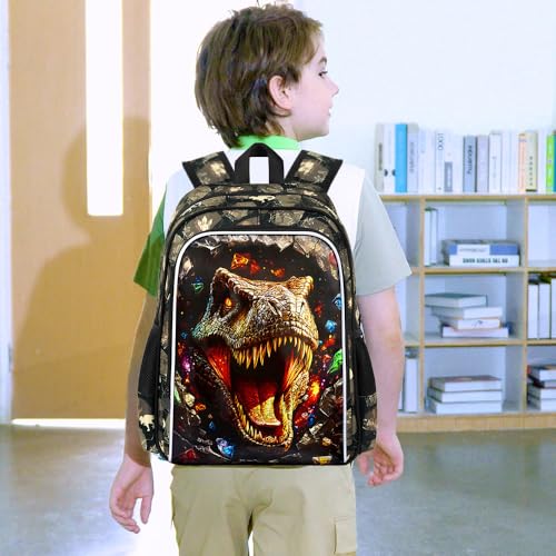 Image of 16 inch Dinosaur Backpack for Boy, 3Pcs Kids Bookbag for Elementary Preschool Kindergarten, Diamond School Backpacks with Lunch Box (Black)