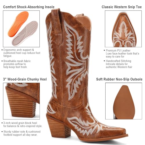 Image of Cowboy Boots for Women - Embroidered Western Cowgirl Boots with Fashion Snip Toe, 1.75-Inch Low Block Heel and All-Day Comfort Fit