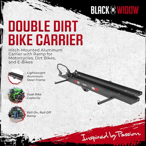 Black Widow Steel Motorcycle Carrier with Ramp for 2-Inch Receiver - 600 lb Capacity SUV and Truck Hitch-Mounted Dirt Bike and Scooter Hauler with Grit-Coated Track and Anti-Rattle Device  

Black Widow Steel Motorcycle Carrier with Ramp for 2-Inch R