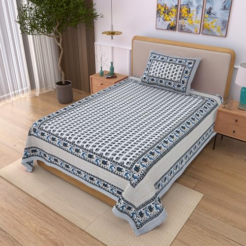 Image of 100% Cotton Single Bedsheet with 1 Pillow Cover | 240 TC Pure Cotton Flat Bed Sheet | Traditional Jaipuri Printed Bedding Set | Soft & Breathable | 60 x 90 Inch (Rangmahal Single 34)