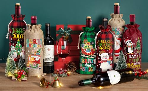 12PCS Burlap Wine Bag Christmas Wine Gift Bags, Drawstring Retro Christmas Bottle Cover Gift Bag w/ Tag, Buffalo Plaid Wines Bags for Bottles Gifts Reusable Bottle Covers for Xmas Holiday Party Decor by Aoonby - Image 4