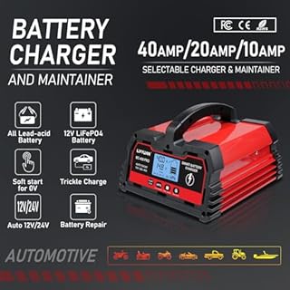 LVYUAN 40Amp Smart Car Battery Charger, 12V/24V Automotive Charger, Lead-Acid Battery, LiFePO4 Battery Maintainer with LCD Display, Trickle Charger, for Lawn Mower, Motorcycle, AGM, STD, Gel, EFB,etc