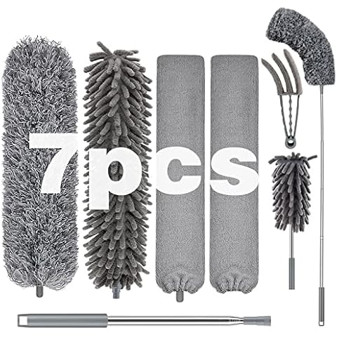 BTONGE Feather Duster 7PCS, Duster Extendable for Cleaning with Telescoping Pole 30 to 100", Detachable & Bendable Long Microfiber Duster Kit for High Ceilings, Cobweb, Fan, Blinds, Corner, Furniture Cover