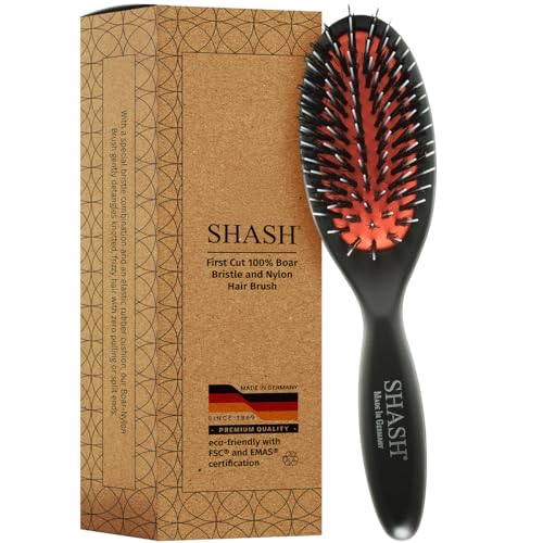 Image of SHASH Since 1869 Hand Made In Germany - Nylon Boar Bristle Brush Suitable For Normal to Thick Hair Gently Detangles, No Pulling or Split Ends - Softens Improves Hair Texture, Stimulates (Extra Small)