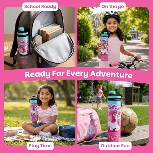 Image of Famyo Stainless Steel Unisex Kids Water Bottle 900ml, Unicorn Design | Girls & Boys, Leakproof Sipper with Carry Loop, BPA Free, Personalizable Name Space, School, Outdoor & Travel