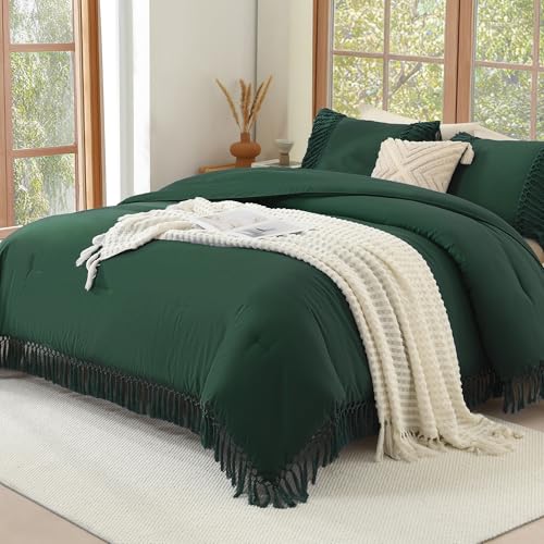 Image of Andency Emerald Dark Green Comforter Set King, 3 Pieces Boho Tassel Lightweight Vintage Soft Bedding Comforter for King Bed, All Season Fluffy Fringe Bed Set (104x90In Comforter & 2 Pillowcases)