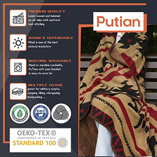 Putian Merino Wool Blanket - Warm, Thick, Washable, 87" X 63" Large Throw For Outdoors, Camping,Couch, Bed, Travel - Super Soft Wool Blanket (Striped Fire Light Tan) #TOP2