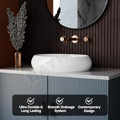 Image of Table Top Ceramic Wash Basin For Bathroom | Rectangular Counter Top Bathroom Sink, Premium Glossy White Above Counter Vanity Basin, Modern Design (24 x 16 x 5 Inch)