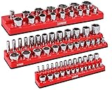 ARES 60035-3-Piece Set SAE Magnetic Socket Organizers - RED -Includes 1/4 in, 3/8 in, 1/2 in Socket Holders - Holds 68 Standard (Shallow) and Deep Sockets - Also Available in GREEN