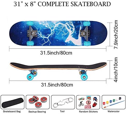 WINAKUI Beginner Skateboards, Kids Complete Skateboard with Flash wheel 80 x 20cm / 31 x 8 Inch, 7 Layer Maple Deck Double Kick Standard Skateboards for Boys and Girls