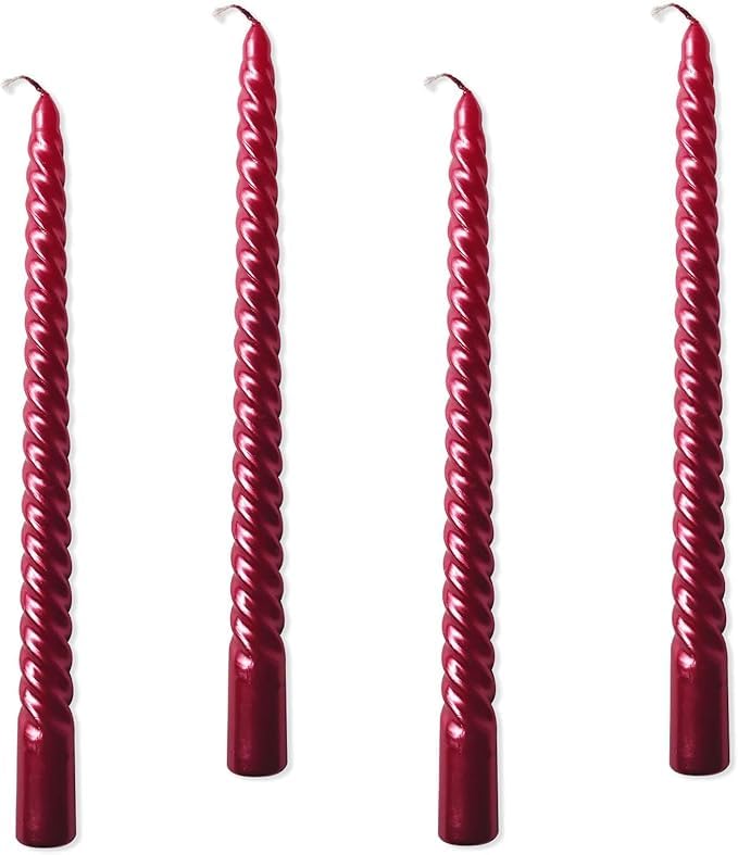 Spiral Taper Candles 10 Inch Twisted Design Unscented Smokeless Set of 4 for Wedding Birthday Party Home Decoration (Festive Red)