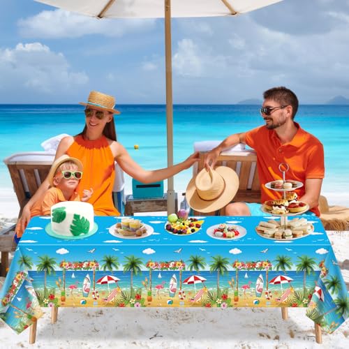 Image of 4 Pack Beach Theme Party Tablecloth Aloha Luau Hawaiian Birthday Table Cloth Flamingo Surfboard Table Cover Disposable Pool Decorations for Baby Showers Seaside Beach Pool Party Supplies 51 x 86 in