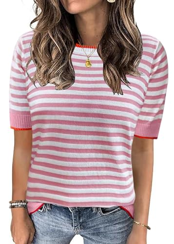 Image of Womens Tops Summer Short Sleeve Shirts Striped Sweater Cute Casual Top Trendy Women Clothing Crewneck Knit Blouses