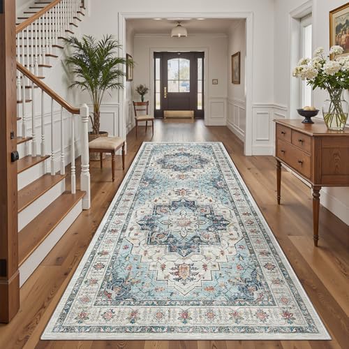 Madane 4x10 Wide Hallway Runner Rug: Washable Soft Rug Runners for Living Room Bedroom, Stain Resistant Low Pile Area Rugs Thin Non Slip Floor Carpet for Ktichen Bathroom Dining Room (Blue, 4x10)