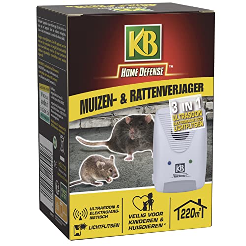 KB HOME DEFENSE HDULT220 - Répulsif Rats et Souris 3 en 1 avec Ultrasons, Ondes Electromagnétiques et Flash Lumineux 220 m² - Action permanente et sans accoutumance -...
