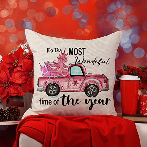 Pink Christmas Strips Pillow Covers 18X18 Set Of 4 Snowflake Christmas Tree Truck Sleigh Gift Wreath Throw Pillow Cases Hello Winter Holiday Outdoor Cushion Covers Farmhouse Christmas Decorations #TOP4