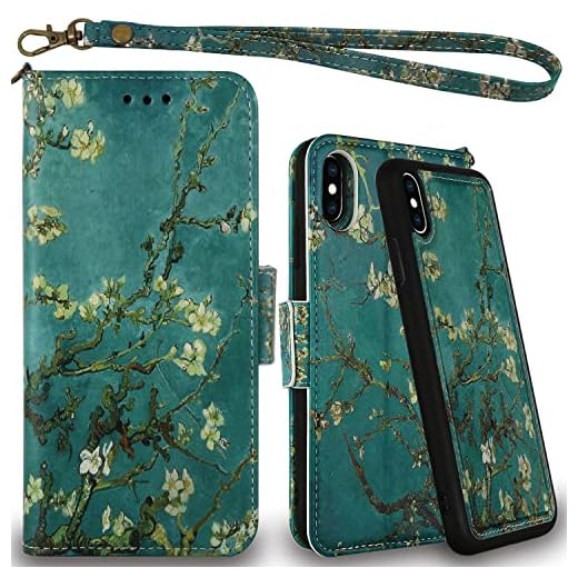 Mefon iPhone X Xs Detachable Leather Wallet Phone Case, with Tempered Glass and Wrist Strap, Enhanced Magnetic Closure, Durable Slim, Luxury Flip Folio Cases for Apple iPhone 10 5.8 (Blossom)