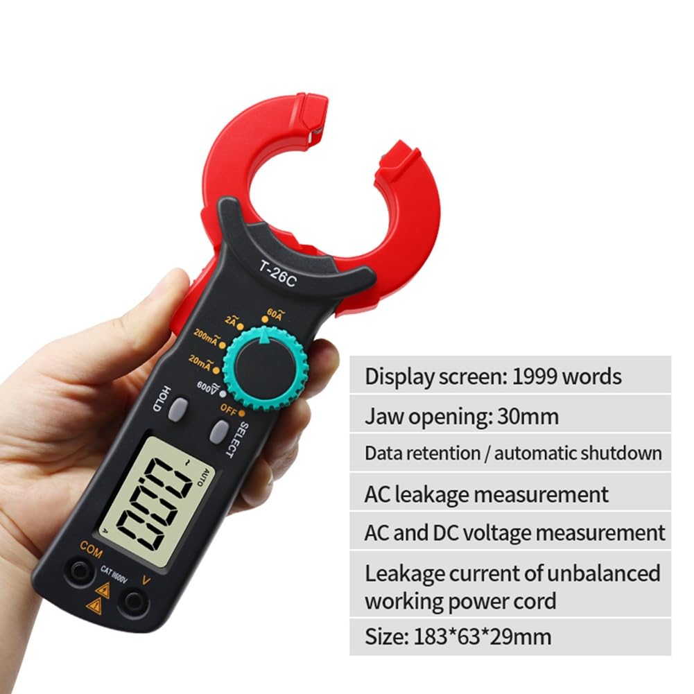 Amperímetro de Pinza Digital T-26C, Prueba de Corriente de Fuga 20 mA a 60 A, Rango Automático
