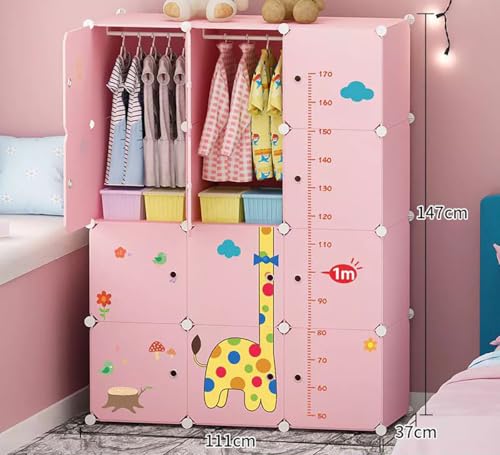 Image of Sunderlook Plastic Wardrobe for Kids Clothes - Collapsible Wardrobe, DIY Foldable Baby Almirah for Clothes, Heavy Duty Freestanding Storage Baby Cupboard for Kids (Pink-R4, 12 Door)