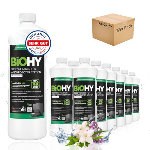 BiOHY Bodenreiniger für Wischroboter Station mit Frühlingsduft (12 x 1 Liter) | Reinigungsmittel Konzentrat für alle Wisch & Saugroboter mit Nass-Funktion | Schaumarm & Streifenfrei | Für alle Böden