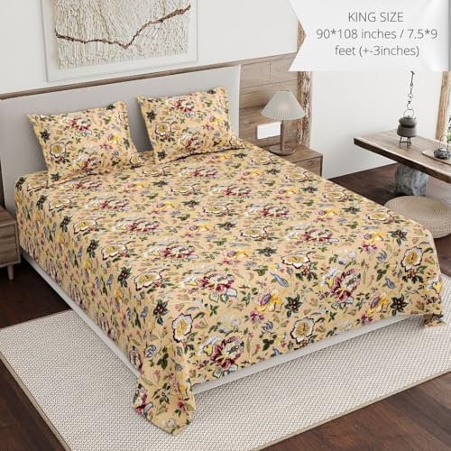 Image of Living Roots Ethnic Jaipur Block Print Double Cotton Bedsheet & 2 Pillow Covers, for Mattress Upto 6 inches Thick, No Colour Bleeding, Yellow Colour, King Size 90 * 108 inches, 120TC (616-B)