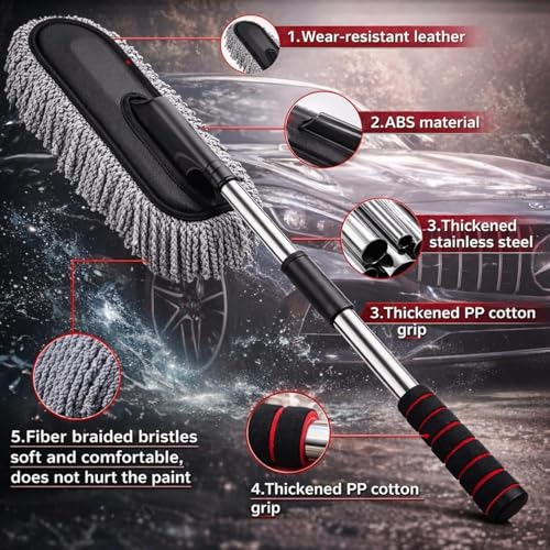 Image of 7-in-1 Car Cleaning Kit - Extendable Microfiber Car Wash Mop, Dashboard & AC Vent Detailing Brush, Dusting Duster, Wash Pad & Hooks | Interior & Exterior Car Care Combo (Pack of 7) (Multi)