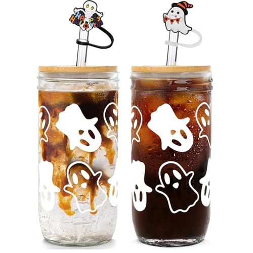 ANOTION Halloween Cups, Ghost Decor 24 oz Mug Mason Jar Glass Cups with Lids and Straws Ghost Tumblers Coffee Cups Cookie Jar Glasses Glassware Drinking Glasses Halloween Decorations Indoor
