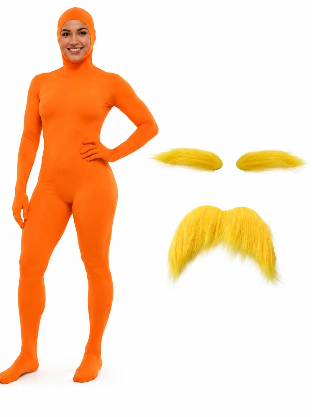Unisex Adult Orange Bodysuit Halloween Costume with Mustache and Eyebrows