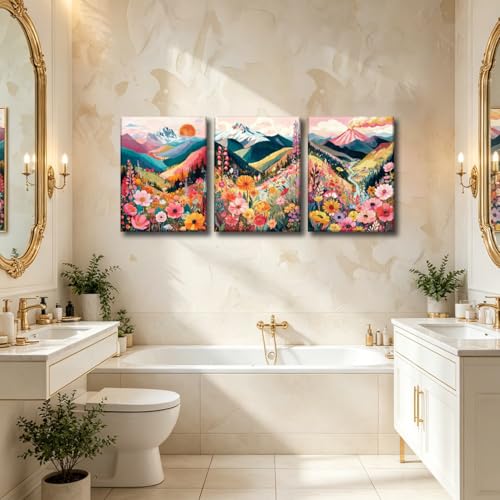 Image of Frimeeme Framed Colorful Watercolor Floral Mountain Canvas Wall Art,12x16