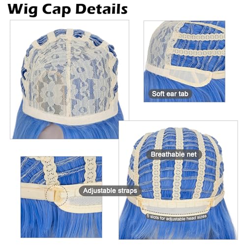 Image of S-noilite Blue Sadness Costume Wig with Glasses Short Blue Bob Wigs Synthetic Hair for Women Halloween Anime Cosplay Party