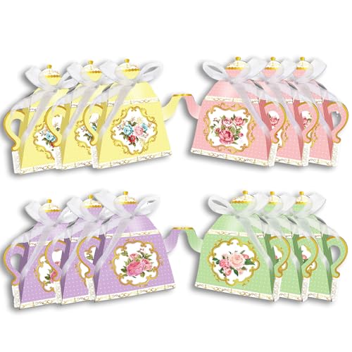Gkhlg 12 Pieces Vintage Tea Pot Shaped Candy Boxes with Floral Designs Wedding Favour Bags Party Boxes and Afternoon Tea Party Decorations for Weddings Birthdays and Afternoon