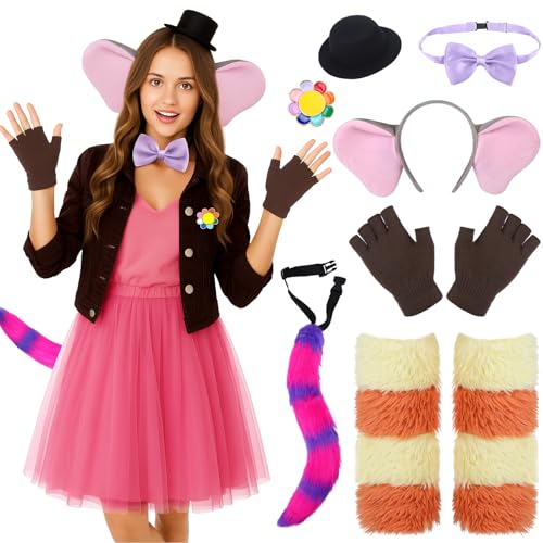 Tellingyou 7 Pcs Halloween Inside Costume Pink Elephant Costume Accessories Include Mini Bowler Hat Leg Warmers Gloves Bow Tie Ears Headband Flower Pins and Tail for Adults Women Men Cosplay Party