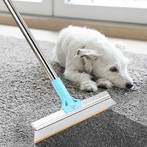 Carpet Rake for Pet Hair Removal, 2-in-1 Adjustable Cat Dog Hair Remover Tool, Long Handle Carpet Rake Scraper, Pet Hair Removal Broom for Laundry, Furniture