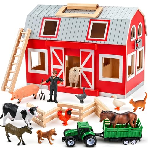 WoodTrove Wooden Barn Toys Play Barn with 12 Animal Play Figures for 3+ Years Old Toy Barn and Farm AnimalsWooden Barn Playset for Christmas Birthday Gift for Boys Girls