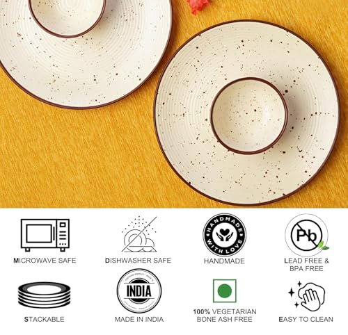 Image of Handcrafted Ceramic Stoneware Dinner Set of 12 Pieces with Serving Bowls | 6 Dinner Plates & 6 Bowl /katori | Bone Ash Free | Microwave and Dishwasher Safe - Off White