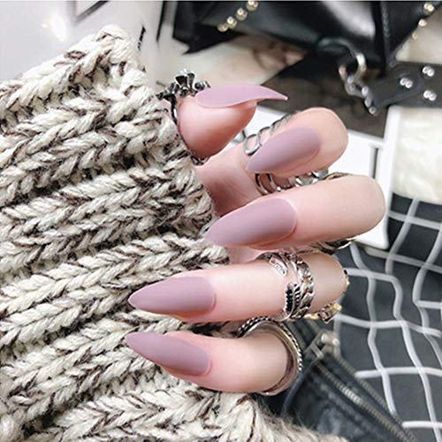 editTime 24PCS Solid Colors Acrylic Stiletto False Nails Full Cover Fake Nails Tips Natural Long Claw Nails (Matte pink purple)