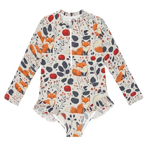 ALAZA Fox Fruit Leaf Girls One Piece Swimsuit Long Sleeve Rash Guard Swimsuits UV 50+ Swimwear Zipper