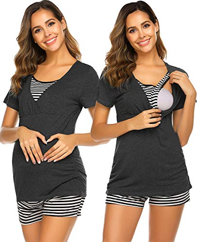 Ekouaer Basic Maternity Nursing Pajamas for Hospital Breastfeeding Sleepwear Set Soft Pregnancy PJ (Gray XL)