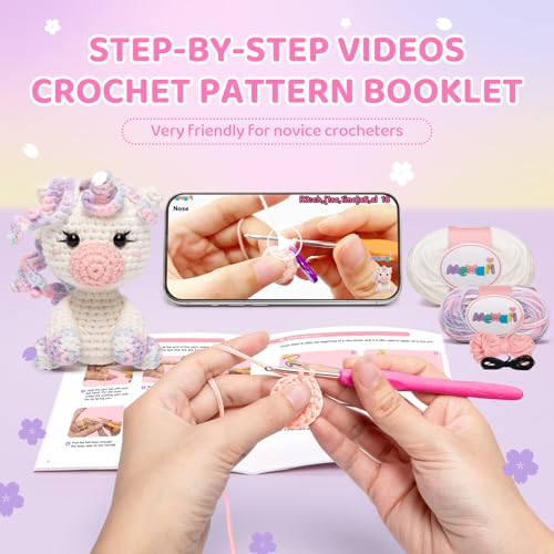 Image of Mewaii Crochet Kit for Beginners Level 2 with 40% Extra Eco-Friendly Pre-Started Easy Yarn, Step-by-Step Video Tutorials for Adults and Kids (Pastel Unicorn)