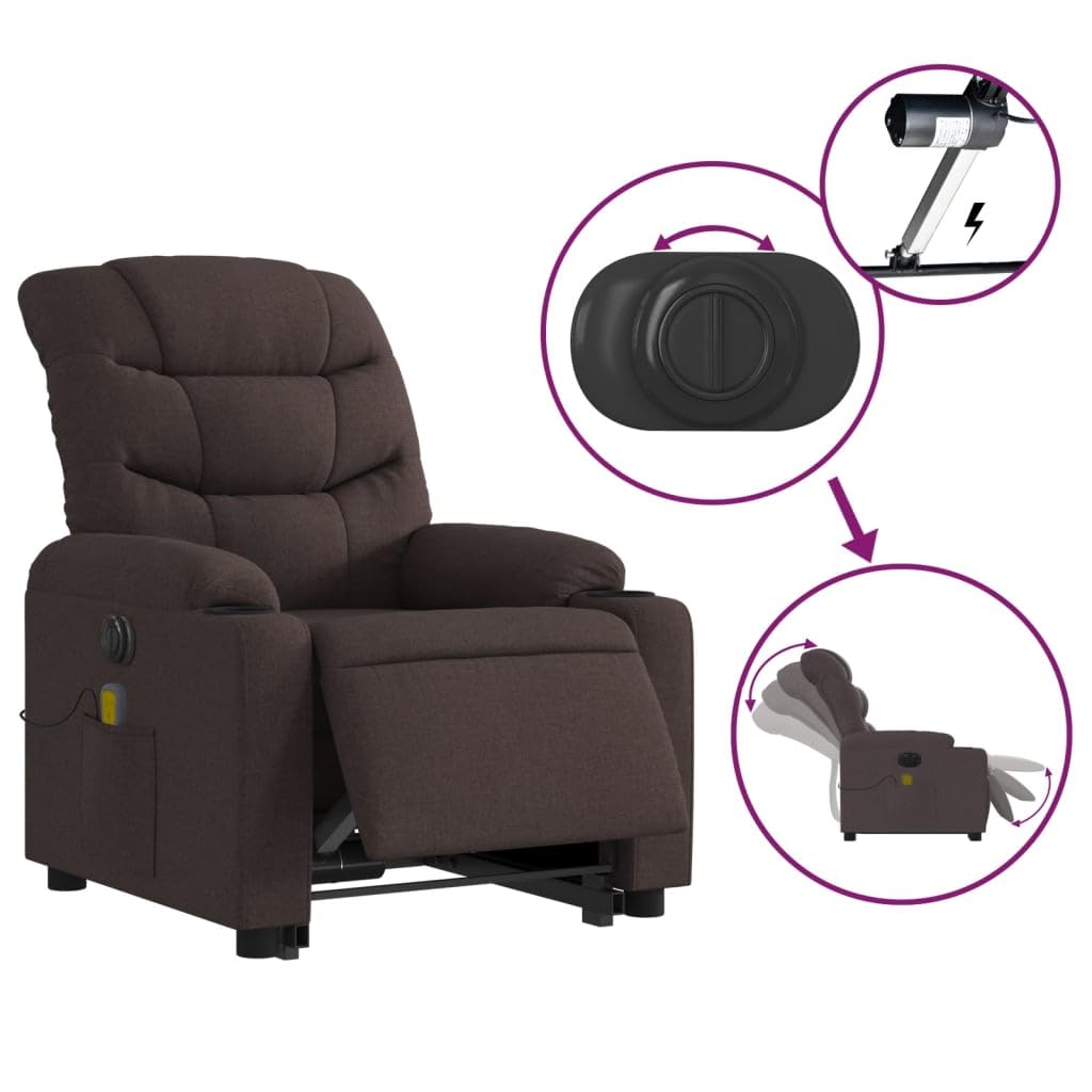 Sillón elevador eléctrico reclinable con 6 puntos de vibración, tejido marrón oscuro, función de elevación e inclinación de 135 grados, estructura estable, cómoda