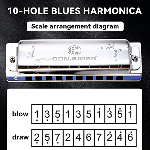 Image of CONJURER Mouth Organ Key of C, 10 Hole 20 Tone Stanadard Diatonic Blues Harmonica with Case, Harmonica Harp for Beginner, Adults, Kids, Professional, Students, Friends, Gifts (Sliver,C)