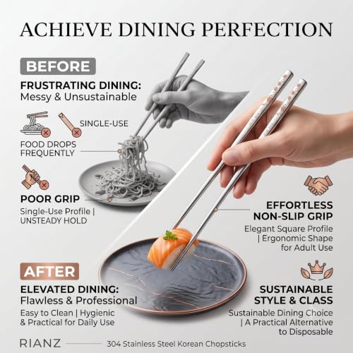 Image of RIANZ 304 Stainless Steel Korean Chopsticks 23.5 cm, Laser Engraved, 1 Pair (Style 2)